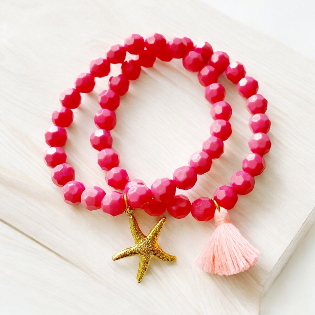 Handmade Coral Pink Faceted Starfish Tassel Beaded Bracelet Set